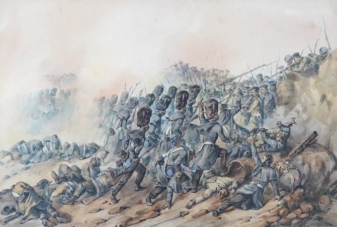 Attributed to Orlando Norie, watercolour, 'The Battle of Inkerman, The Coldstream Guards attacking the Sandbag Battery', signed, inscribed to the mount, 30 x 45cm. Condition - fair